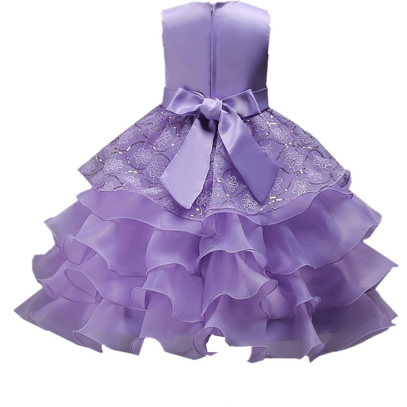 DreamHigh Wedding Flower Girl's Ruffles Lace Cute Bow Waist Evening Dress up Purple 5-6 Years - Image 2